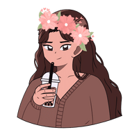 A bust of white woman with long, wavy brown hair. She wears a flower crown of pink flowers and is drinking a blended coffee beverage.