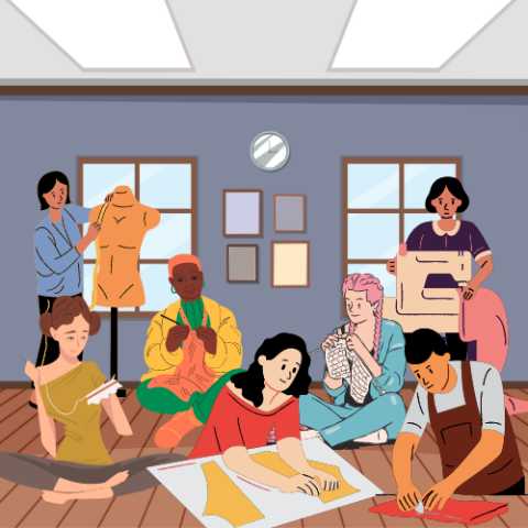 Seven people of varying genders and ethnicities scattered about a room with blue walls. They are all engaged in various forms of needlecraft, including knitting, sewing, crochet, and embroidery.