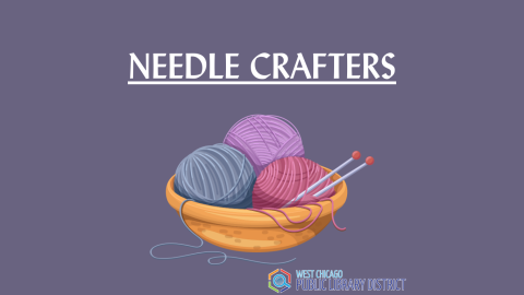 Three balls of yarn in a wicker basket on a purple background. White, underlined capital letters above the image read "Needle Crafters."